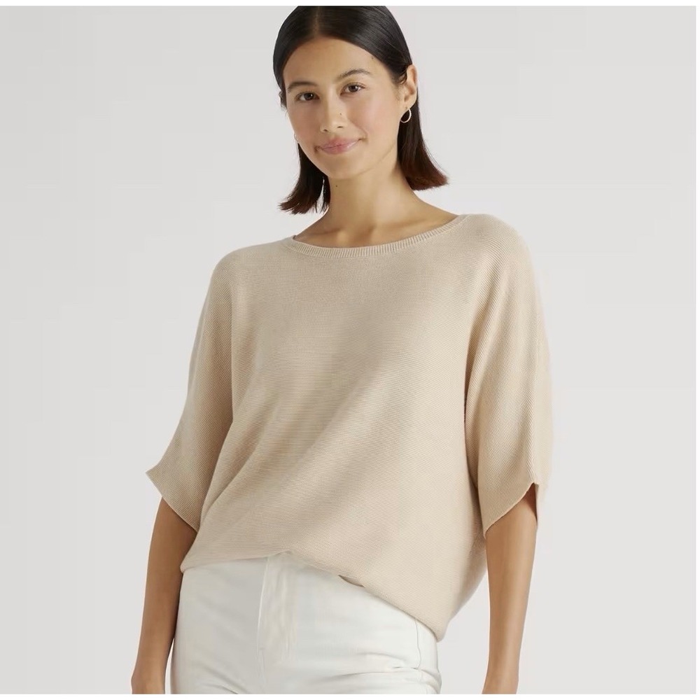 Quince Lightweight Cotton Cashmere Link-Stitch Dolman Sweater Oatmeal XL